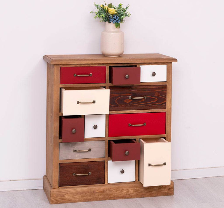 Apothekerschrank aus Massivholz mit 13 Schubladen - mehrfarbige Kommode - Multi Creme - Eichentop