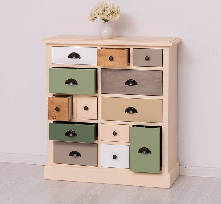 Apothekerschrank aus Massivholz mit 13 Schubladen - mehrfarbige Kommode - Multi Creme - Eichentop
