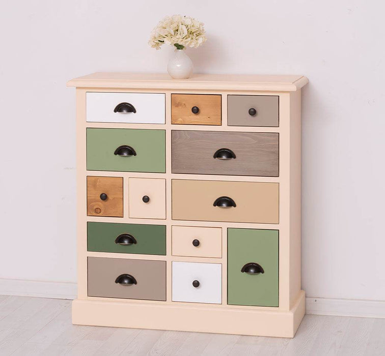 Apothekerschrank aus Massivholz mit 13 Schubladen - mehrfarbige Kommode - Multi Creme - Eichentop
