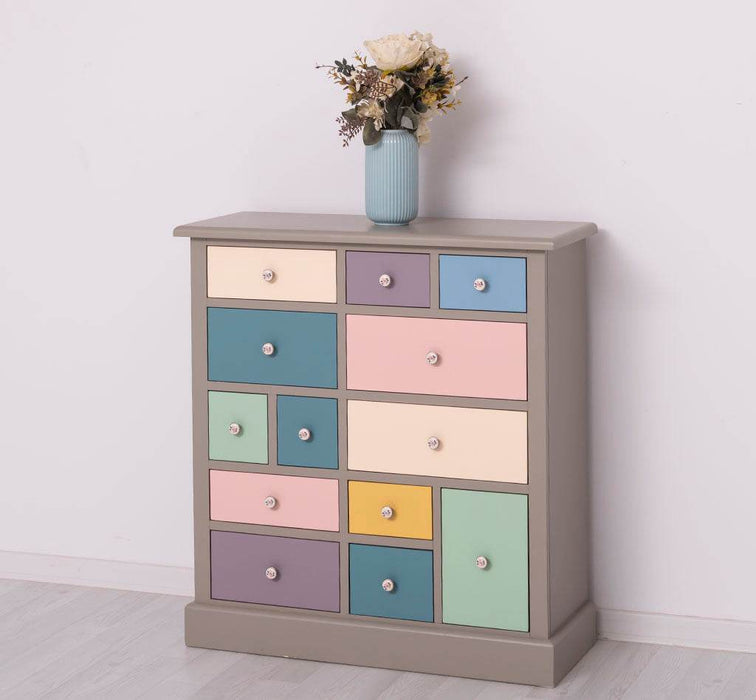 Apothekerschrank aus Massivholz mit 13 Schubladen - mehrfarbige Kommode - Multi Creme - Eichentop