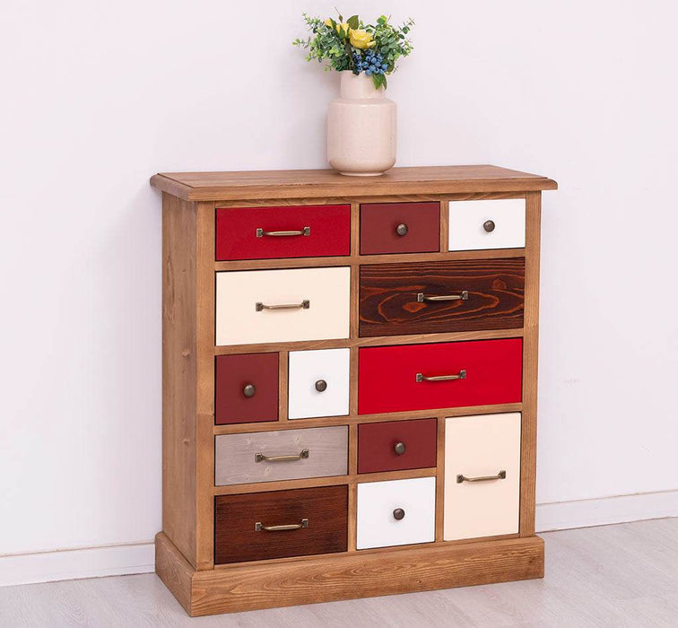 Apothekerschrank aus Massivholz mit 13 Schubladen - mehrfarbige Kommode - Multi Creme - Eichentop