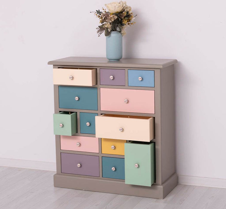 Apothekerschrank aus Massivholz mit 13 Schubladen - mehrfarbige Kommode - Multi Creme - Eichentop