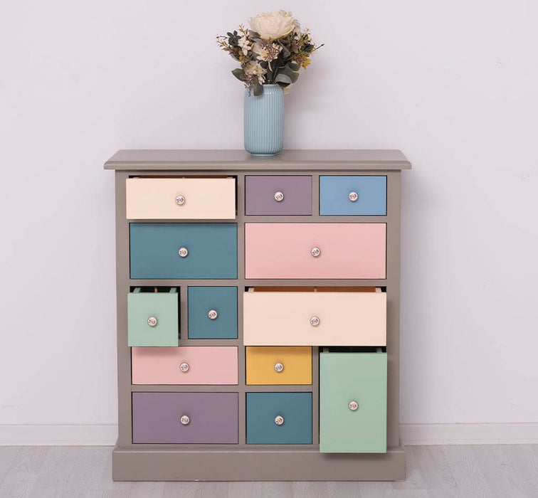 Apothekerschrank aus Massivholz mit 13 Schubladen - mehrfarbige Kommode - Multi Creme - Eichentop