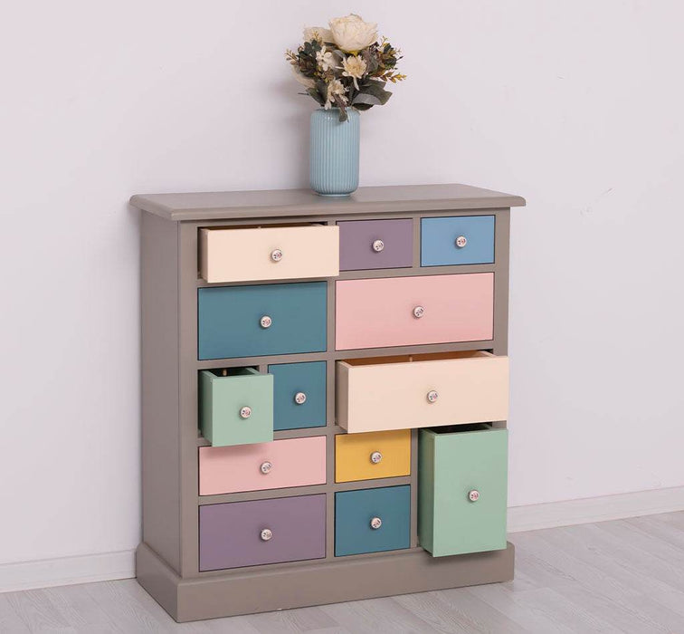 Apothekerschrank aus Massivholz mit 13 Schubladen - mehrfarbige Kommode - Multi Creme - Eichentop