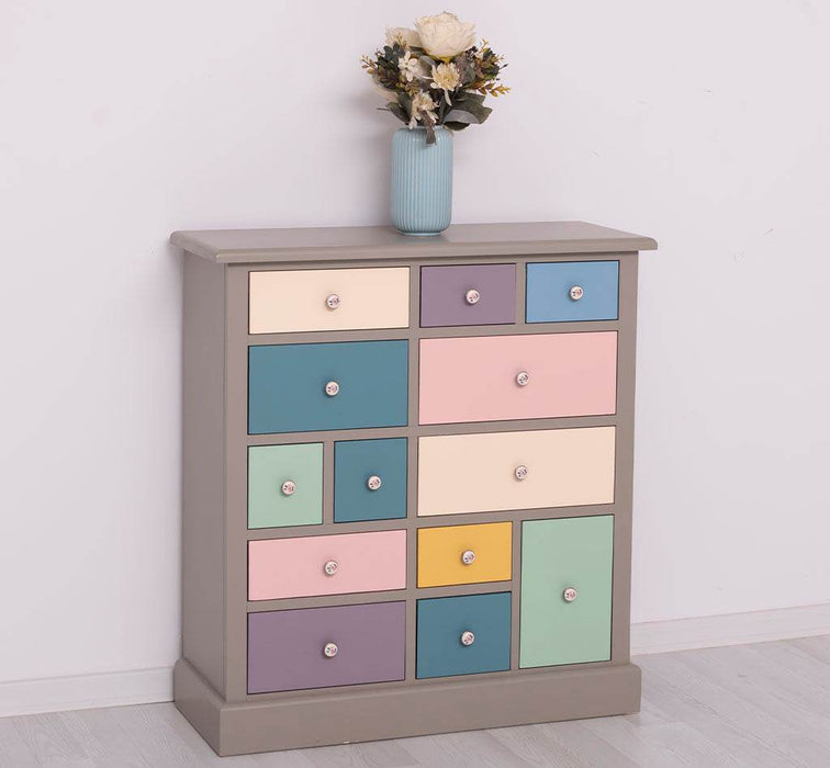 Apothekerschrank aus Massivholz mit 13 Schubladen - mehrfarbige Kommode - Multi Creme - Eichentop