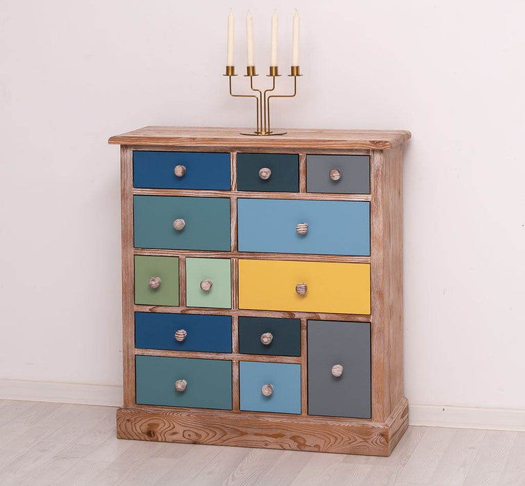 Apothekerschrank aus Massivholz mit 13 Schubladen - mehrfarbige Kommode - Multi Creme - Eichentop
