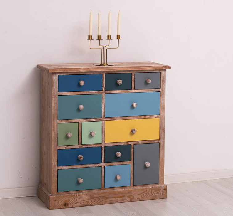 Apothekerschrank aus Massivholz mit 13 Schubladen - mehrfarbige Kommode - Multi Creme - Eichentop
