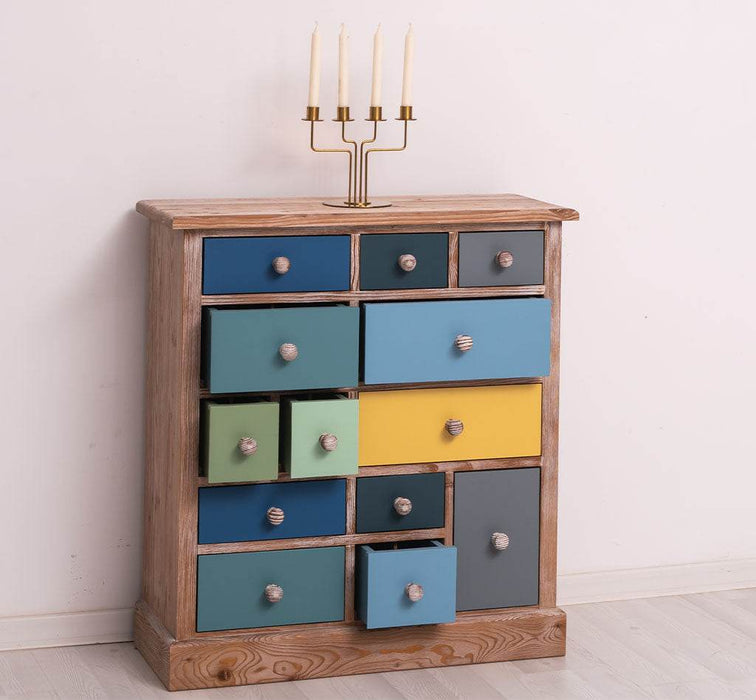 Apothekerschrank aus Massivholz mit 13 Schubladen - mehrfarbige Kommode - Multi Creme - Eichentop