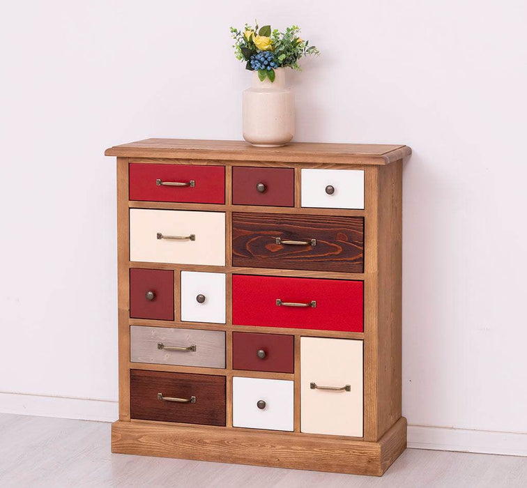 Apothekerschrank aus Massivholz mit 13 Schubladen - mehrfarbige Kommode - Multi Creme - Eichentop