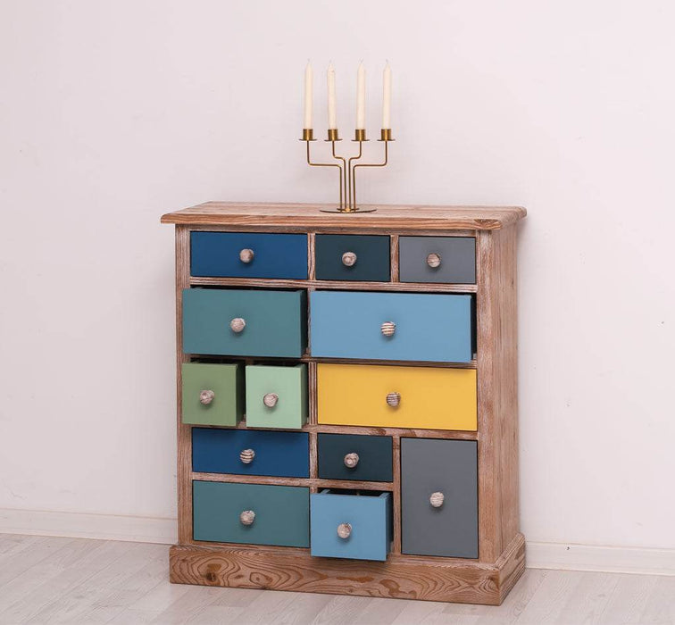 Apothekerschrank aus Massivholz mit 13 Schubladen - mehrfarbige Kommode - Multi Creme - Eichentop