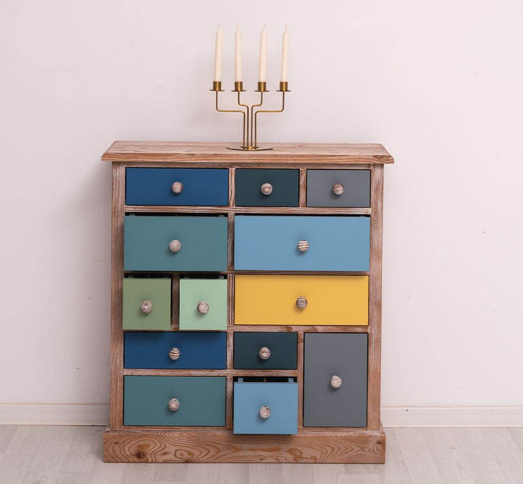 Apothekerschrank aus Massivholz mit 13 Schubladen - mehrfarbige Kommode - Multi Creme - Eichentop
