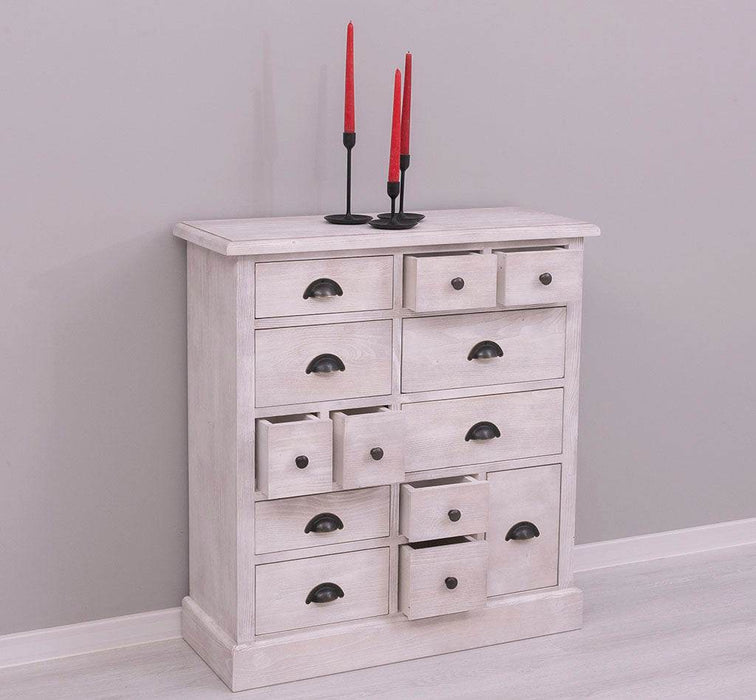 Apothekerschrank aus Massivholz mit 13 Schubladen - mehrfarbige Kommode - Multi Creme - Eichentop
