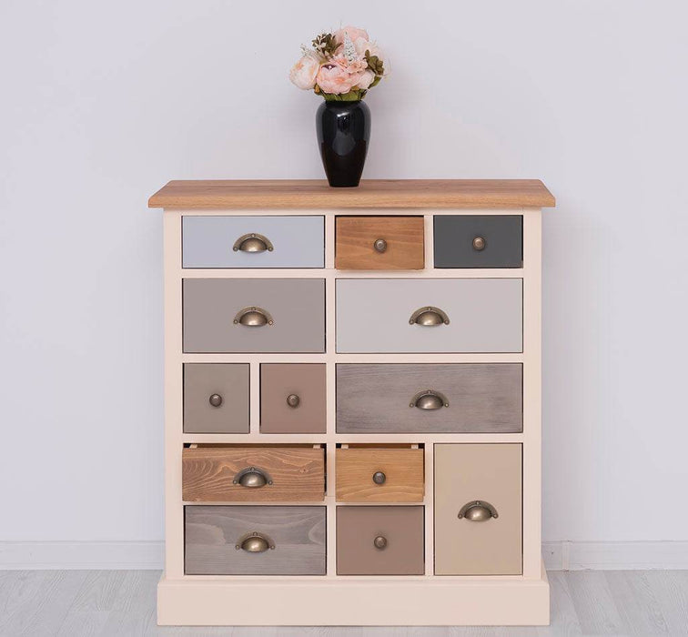 Apothekerschrank aus Massivholz mit 13 Schubladen - mehrfarbige Kommode - Multi Creme - Eichentop