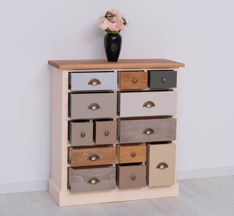 Apothekerschrank aus Massivholz mit 13 Schubladen - mehrfarbige Kommode - Multi Creme - Eichentop