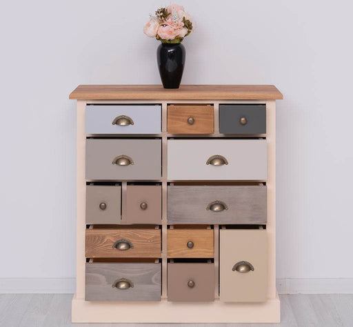Apothekerschrank aus Massivholz mit 13 Schubladen - mehrfarbige Kommode - Multi Creme - Eichentop