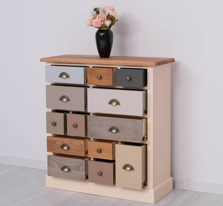 Apothekerschrank aus Massivholz mit 13 Schubladen - mehrfarbige Kommode - Multi Creme - Eichentop