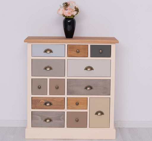 Apothekerschrank aus Massivholz mit 13 Schubladen - mehrfarbige Kommode - Multi Creme - Eichentop
