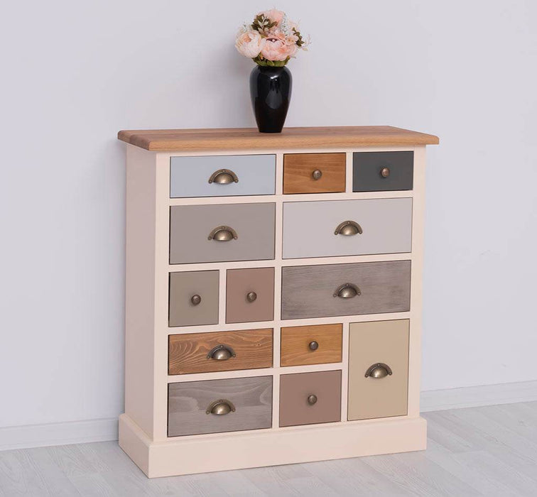 Apothekerschrank aus Massivholz mit 13 Schubladen - mehrfarbige Kommode - Multi Creme - Eichentop