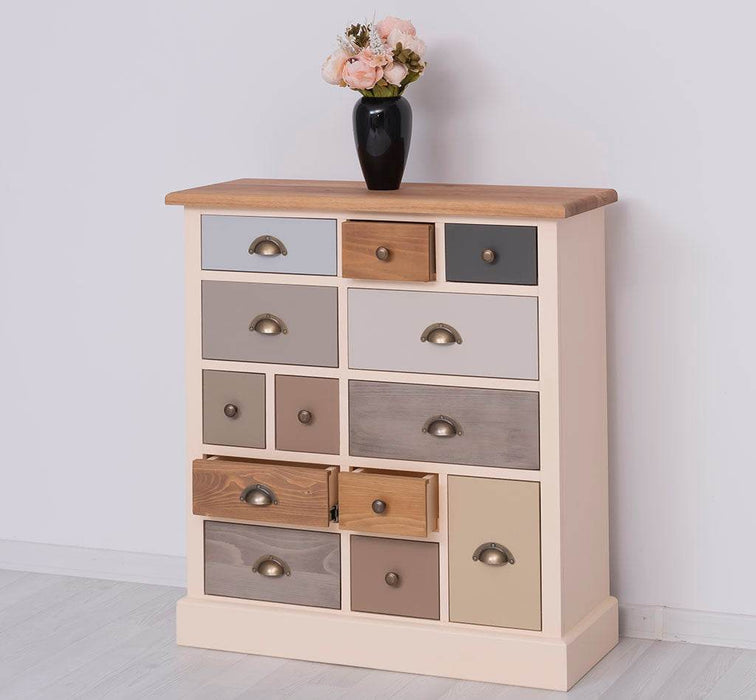 Apothekerschrank aus Massivholz mit 13 Schubladen - mehrfarbige Kommode - Multi Creme - Eichentop