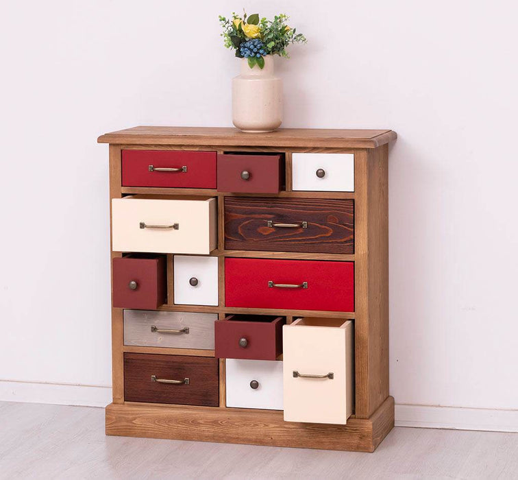 Apothekerschrank aus Massivholz mit 13 Schubladen - mehrfarbige Kommode - Multi Creme - Eichentop
