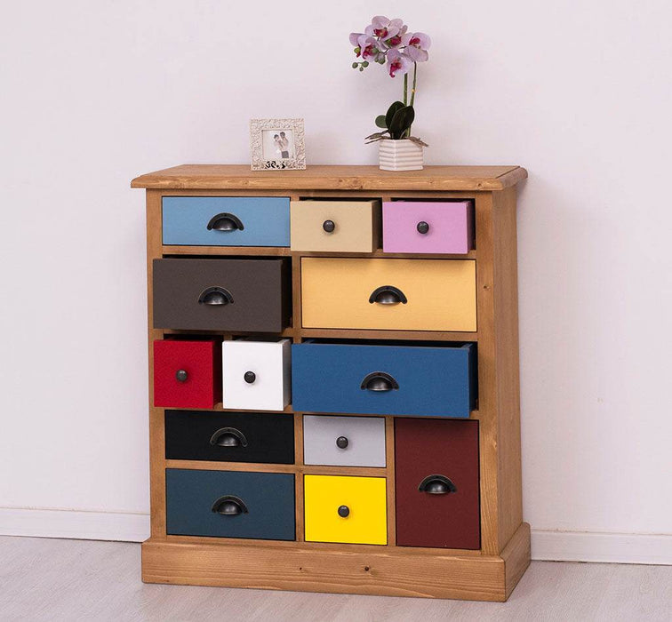 Apothekerschrank aus Massivholz mit 13 Schubladen - mehrfarbige Kommode - Multi Creme - Eichentop
