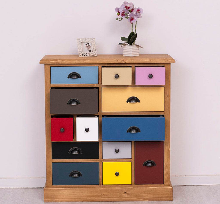 Apothekerschrank aus Massivholz mit 13 Schubladen - mehrfarbige Kommode - Multi Creme - Eichentop