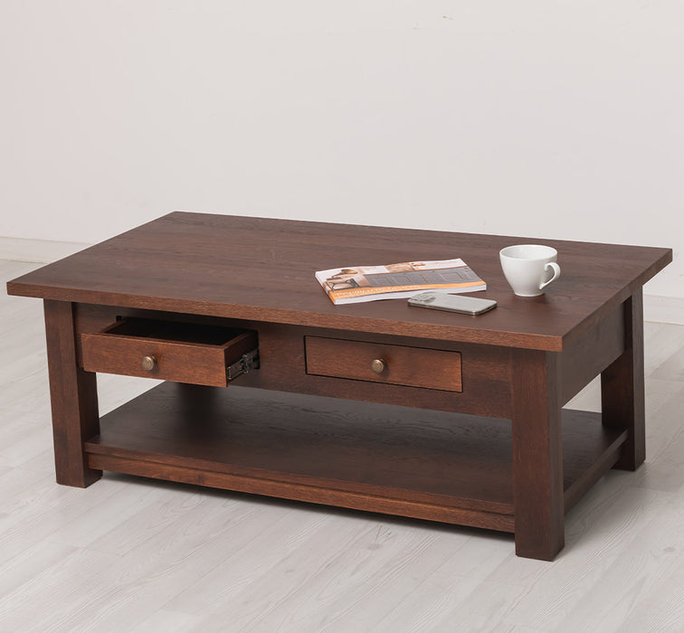 Couchtisch aus massiver Eiche mit Schubladen und Ablage