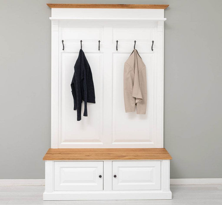 Garderobe aus Massivholz mit 6 Haken und 2 Staufächern - Eichenbank -