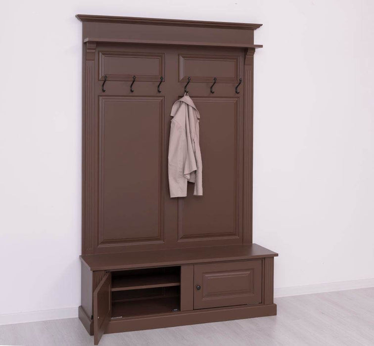 Garderobe aus Massivholz mit 6 Haken und 2 Staufächern unifarben -