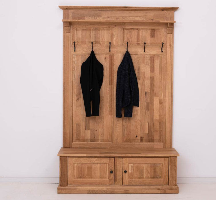 Garderobe aus massiver Eiche mit 6 Haken und 2 Staufächern - Geflammt und gebürstet
