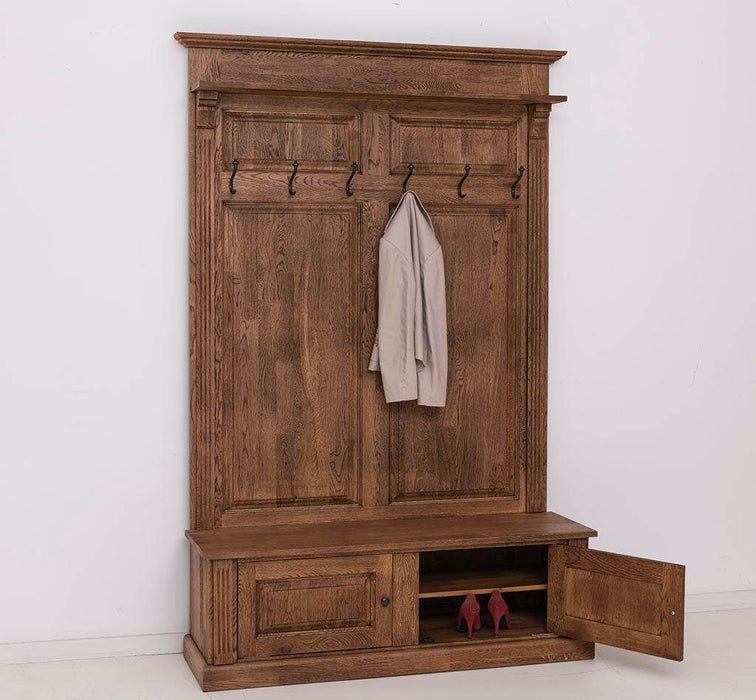 Garderobe aus massiver Eiche mit 6 Haken und 2 Staufächern - Geflammt und gebürstet
