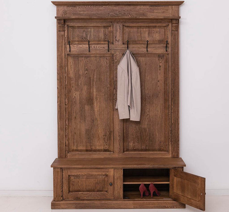 Garderobe aus massiver Eiche mit 6 Haken und 2 Staufächern - Geflammt und gebürstet