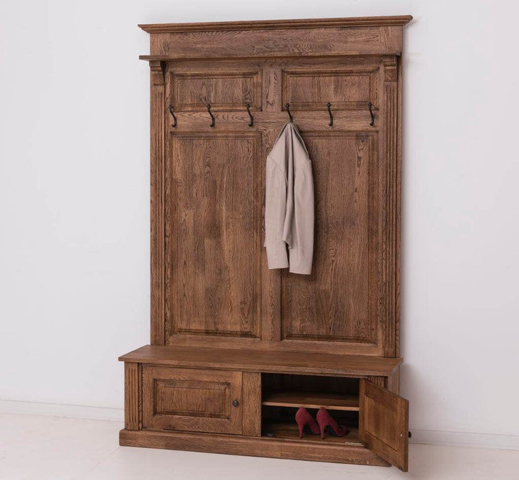 Garderobe aus massiver Eiche mit 6 Haken und 2 Staufächern - Geflammt und gebürstet