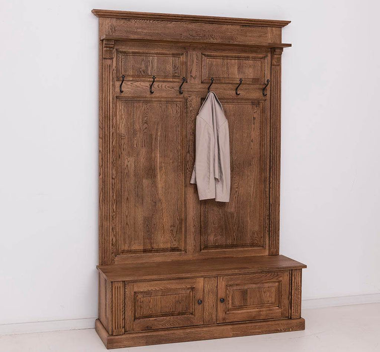 Garderobe aus massiver Eiche mit 6 Haken und 2 Staufächern - Geflammt und gebürstet