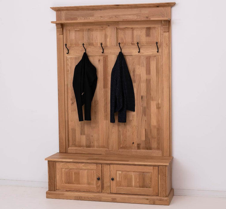 Garderobe aus massiver Eiche mit 6 Haken und 2 Staufächern - Geflammt und gebürstet
