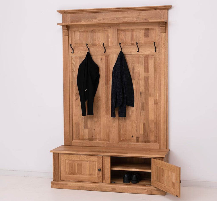 Garderobe aus massiver Eiche mit 6 Haken und 2 Staufächern - Geflammt und gebürstet