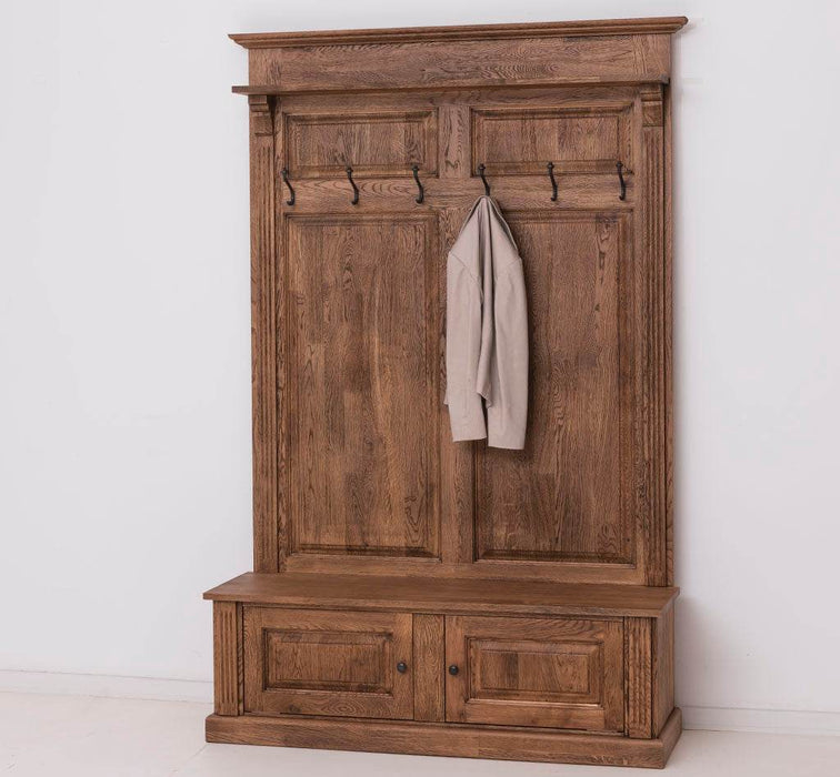 Garderobe aus massiver Eiche mit 6 Haken und 2 Staufächern - Geflammt und gebürstet