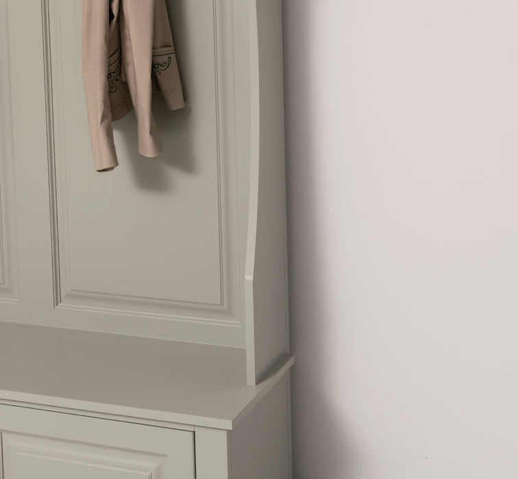 ansicht detail rahmen gerahmte Garderobe mit ablagen 6 haken grau