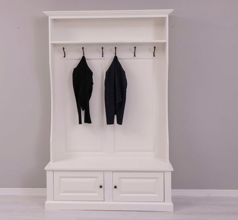 ansicht front gerahmte Garderobe mit ablagen 6 haken weiß