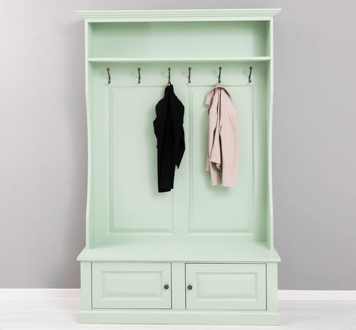 frontalansicht gerahmte Garderobe mit ablagen 6 haken mint gruen