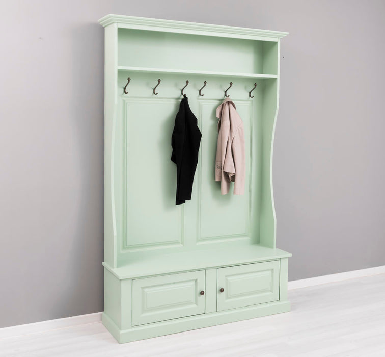 ansicht links gerahmte Garderobe mit ablagen 6 haken mint gruen