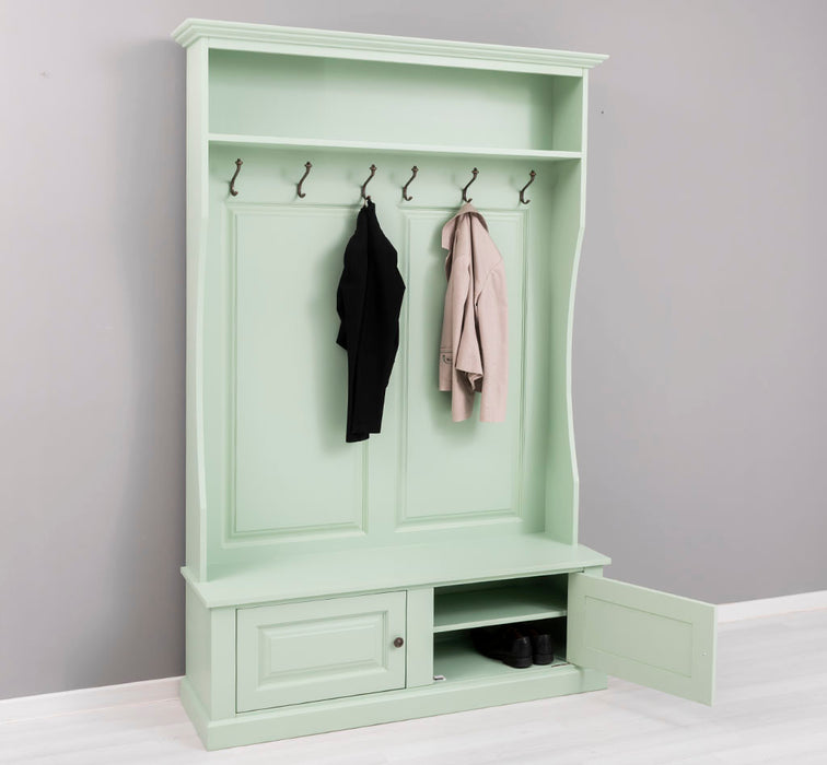 ansicht links offen gerahmte Garderobe mit ablagen 6 haken mint gruen