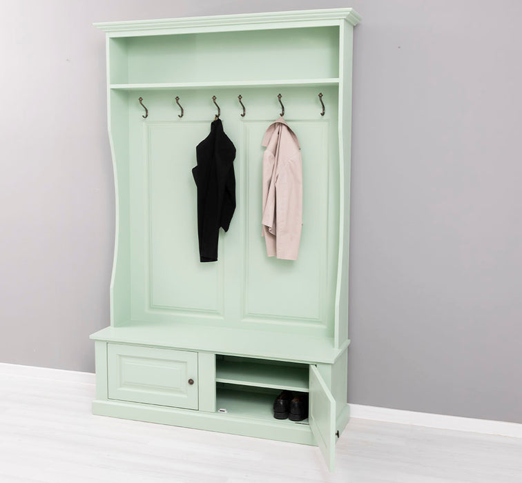 ansicht rechts offen gerahmte Garderobe mit ablagen 6 haken mint gruen