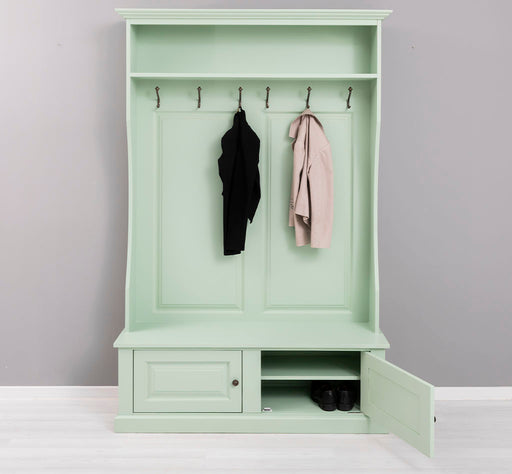 frontalansicht geoeffnet gerahmte Garderobe mit ablagen 6 haken mint gruen
