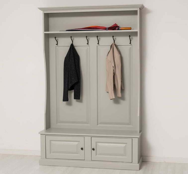 ansicht rechts gerahmte Garderobe mit ablagen 6 haken grau