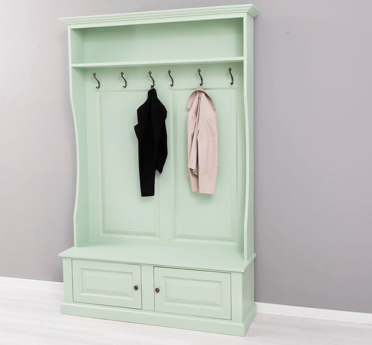 ansicht rechts gerahmte Garderobe mit ablagen 6 haken mint gruen