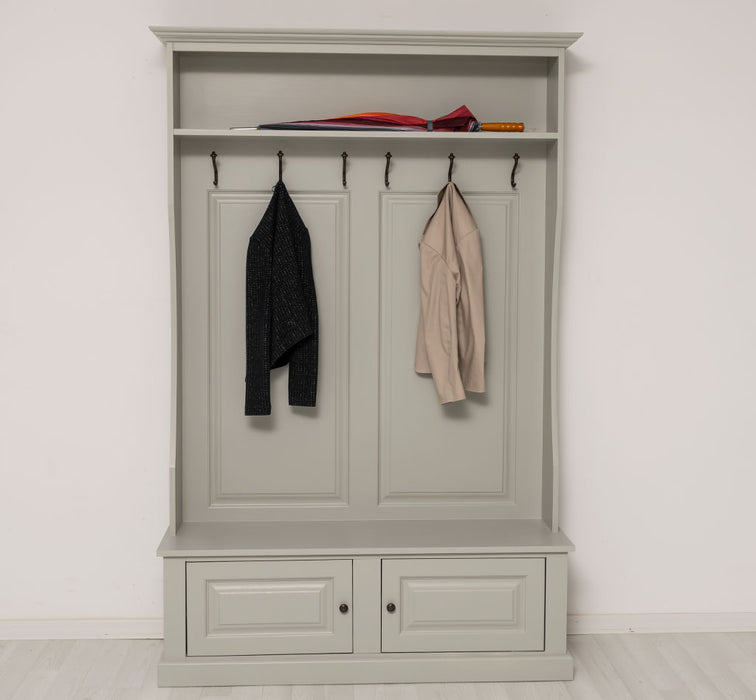 ansicht front gerahmte Garderobe mit ablagen 6 haken grau