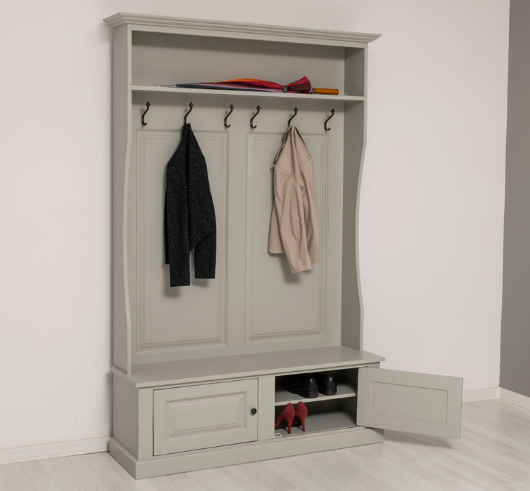 ansicht links offen gerahmte Garderobe mit ablagen 6 haken grau