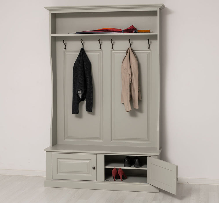 ansicht rechts offen gerahmte Garderobe mit ablagen 6 haken grau