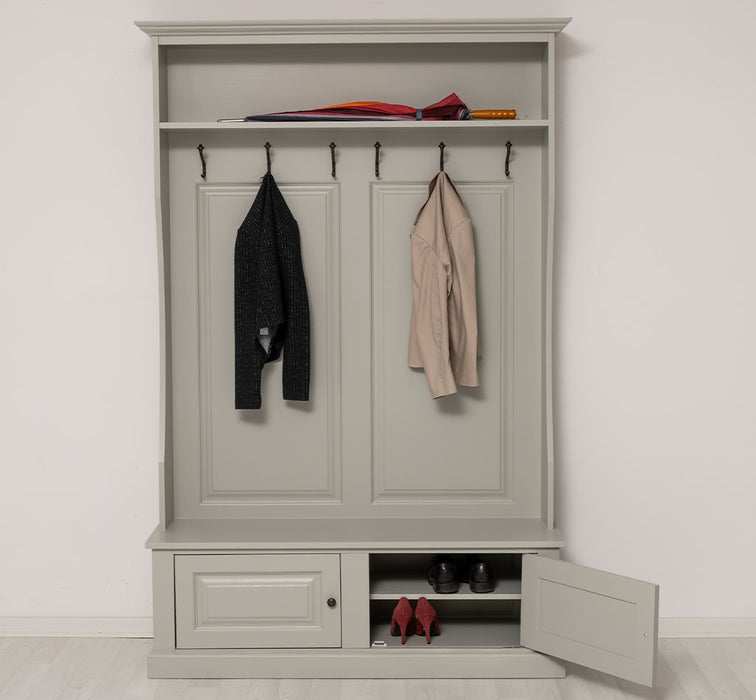 ansicht front offen gerahmte Garderobe mit ablagen 6 haken grau